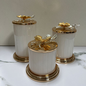 Wholesale Gold White Glass Gifts Coffee Candy Tea Sugar Canisters Container Jars Storage with Leaf Lid for <strong>Kitchen</strong> <strong>Decoration</strong> - Product Image 2