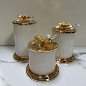 卸売ゴールドホワイトガラスギフトコーヒーキャンディーティーシュガーキャニスターコンテナ瓶収納キッチン装飾用葉蓋付き
