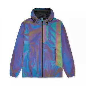 New Arrival Custom Design Unisex Windbreaker Rainbow Reflective Drawstring Hooded Jackets Full Zip Up Regular Fit Men's Jacket