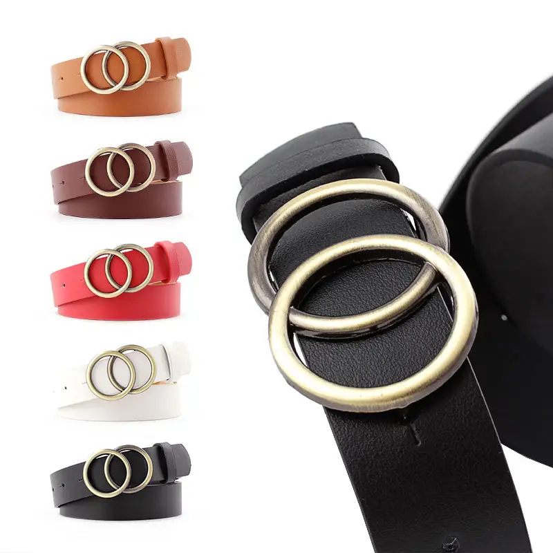 B869 Women Female Double Ring Gold Buckle Faux Leather Soft PU Waist Jeans Belts Dress Strap