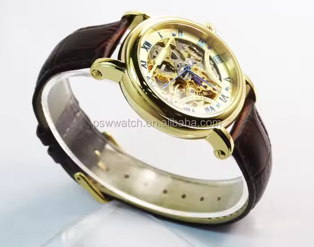 Leather Strap Brown Customized Stainless Steel Unisex MIYOTA Gold Watch Case Genuine Auto Runs Without Battery Mechanical Watch