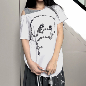 เสื้อกล้ามพิมพ์ลายไขว้สีตัดกัน คอเสื้อแบบอสมมาตร แต่งดีเทลตาไก่ ทรงหลวม ใส่ซ้อนกันได้ สไตล์สตรีท โชว์ไหล่ - Product Image 6