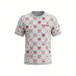 Maglietta Morbida Personalizzata con Motivo a Cuori e Griglia Minimalista, Nome Personalizzato, Regalo di San Valentino Unisex con Stampa Integrale - Product Image 2