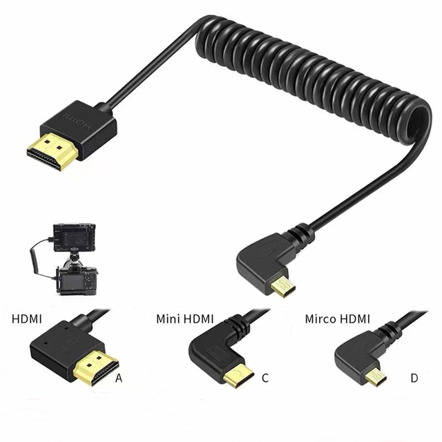 SLR Camera Cable HDMI 2.0 4K Spring Cable Left Right Angle hdmi to Mini Micro hdmi Cable Monitor Atomos