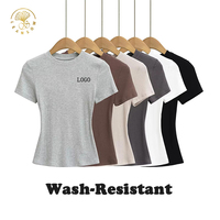 T-shirt basique blanc en coton décontracté avec logo personnalisé, style Y2K, coupe slim, col côtelé, pour femme, directement de l'usine