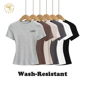 T-shirt basique blanc en coton décontracté avec logo personnalisé, style Y2K, coupe slim, col côtelé, pour femme, directement de l'usine - Product Image 2