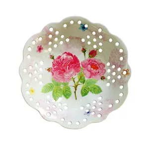Eco-Friendly Chinese Style Peony Flower Printed Shape Plates With Holes Fruits Melamine Dishes Plates