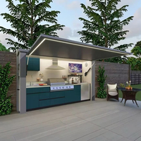 Cuisine extérieure intégrée de luxe, îlot barbecue intelligent avec auvent motorisé, éclairage LED mural, pod modulaire préfabriqué
