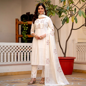<b>Women</b> White Cotton Embroidered <b>Kurta</b> Set With Dupatta And Straight Pants Indian Pakistani Ethnic Wear - Product Image 1