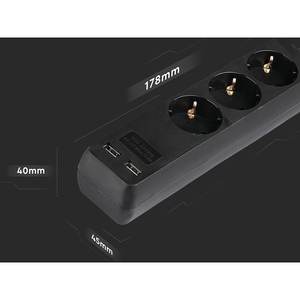 Black Power Strip 2 USB Ports 3 Schuko Sockets 10A 1.5m <b>Long</b> Cable 3x1.5mmq SKU-8776 15A Rated <b>Extension</b> <b>Cord</b> for Wi-Fi Network - Product Image 6