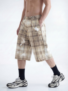 Vintage Slim Fit Distressed Plaid Print <b>Curved</b> <b>Hem</b> Knee Length Pants <b>Men</b> Casual Breathable Fabric OEM Service - Product Image 3