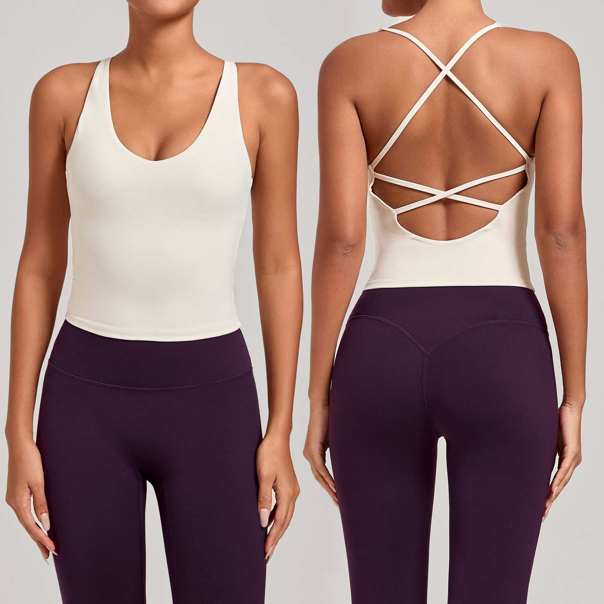 2026 New High Quality Cross Back Quick Dry Workout Open Back With Padding Custom Logo Gym Sports Fitness Yoga Top