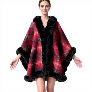 Écharpe cape en <span class=keywords><strong>fausse</strong></span> <span class=keywords><strong>fourrure</strong></span> pour femme, motif écossais, col d'épaule en <span class=keywords><strong>fourrure</strong></span> de lapin Rex, idéale pour l'hiver - Product Image 3