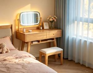 Premium Solid Oak Dressing Table Set Adjustable LED <b>Light</b> <b>Mirror</b> Double Drawer Bedroom Makeup <b>Vanity</b> With Stool - Product Image 1