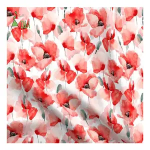 Beautiful Watercolor Floral Red Poppies Botanical Garden Printed Fabric 100% Rayon Fabric For Garment