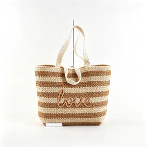 Customized Striped <b>Straw</b> Love Tote <b>Bag</b>, Woven <b>Straw</b> <b>Beach</b> Shoulder Tote, Brown Cream Striped <b>Straw</b> Handbag - Product Image 1