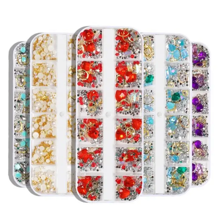 6 styles beauté Nail art accessoires Rivet perle ongles strass verre base plate perceuse mixte coloré bricolage décoration des ongles