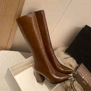 Bottes hautes à bout pointu pour femmes, bottines longues en cuir avec fermeture éclair latérale, chaussures élégantes à talons hauts pour femmes, chaussures de soirée - Product Image 5