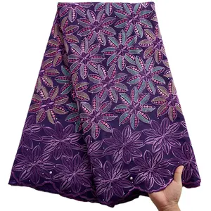 2386高品质瑞士Voile蕾丝面料紫色非洲刺绣瑞士棉织物材料女士连衣裙