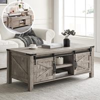 Table basse relevable style ferme avec porte coulissante, rangement dissimulé, design rustique, écologique, durable, étagère réglable pour salon