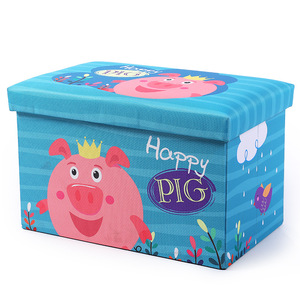 Cartoon Storage Stool Rectangle MDF Toy Organizer For Kids With Lid And Handle Standing Type Orange And Blue - Product Image 4