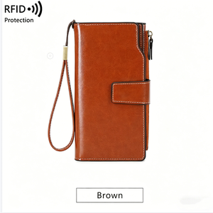 2026 Wholesale Womens <b>RFID</b> Blocking Large Capacity Luxury Waxed Leather Clutch <b>Wallet</b> Multi Card Organizer - Product Image 6
