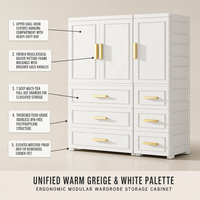 Armoire moderne en plastique blanc avec tringle de suspension, tiroirs et poignées dorées – Organisateur de rangement pour chambre à coucher – Vente en gros