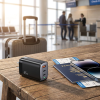 Chargeur mural GaN en gros pour ordinateur portable, 2 ports Type-C, 1 port USB-A, 65W max, QC PD, pour téléphones mobiles