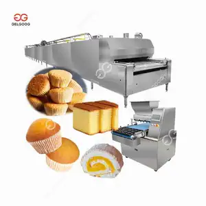 Vollautomatische Tasse Chiffon-Kuchenherstellungsmaschine Trockenschwammkuchen Rüschen-Sandwich Muffin Kuchen Madeleine Schweizer Rolle Produktionslinie