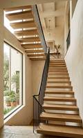 Escalier flottant minimaliste moderne, structure en acier préfabriquée, marches en bois, bande lumineuse LED pour la maison