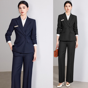 Women's Dark Blue Business Suit Set Full Sleeve Formal Anti-Wrinkle <b>Wool</b> Blend Workwear For Office Hotel Bank Jobs - Product Image 1