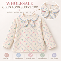 T-shirt personnalisé à manches longues pour filles, col Peter Pan floral, avec nœud, pour tout-petits et enfants, vente en gros OEM ODM