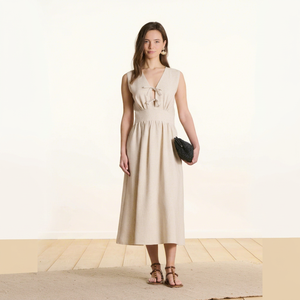 Vestido Midi de Mujer, 100% Algodón, Corte en A |   Camiseta de manga corta con cuello redondo y lazo frontal |   Ropa Casual de Resort con Aberturas Decoradas con Cuentas |   Ecológico - Product Image 1