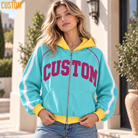 Vestes à capuche zippées pour femmes, style athlétique, avec blocs de couleur, broderies, appliqués, patchwork, passepoil et bordures côtelées
