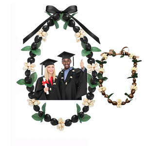 Collar Hawaii <span class=keywords><strong>Kukui</strong></span> Nut <span class=keywords><strong>Lei</strong></span> con lazo de cinta, collar de cuentas de concha acrílica gruesa, regalo de graduación para fiesta de boda - Product Image 1