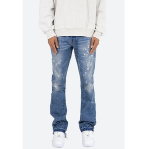 Pantalon de créateur personnalisé coupe droite ample patchwork bleu contrastant bords bruts effet peinture éclaboussée pour homme jean évasé - Product Image 2