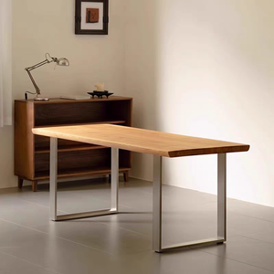 Retro Minimalist Multi-Functional <strong>Desk</strong> | <strong>Solid</strong> <strong>Wood</strong> Top &amp; Stainless Steel Legs, for Dining &amp; Living Room - Product Image 1