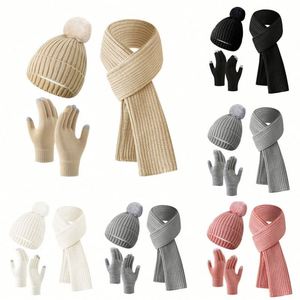 High-Grade Winter Wool Suit Solid Color Knitted <b>Hat</b> <b>Gloves</b> Three-Piece <b>Set</b> Custom Knitted Beanie <b>Set</b> for Women - Product Image 1