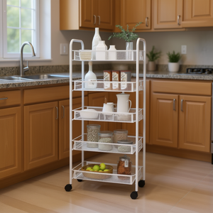 White 5 Tier <b>Kitchen</b> Trolley 18.1x10.2x41.3 Inch Iron <b>Storage</b> Rack With Wheels For <b>Kitchen</b> Organization - Product Image 2