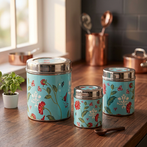Recipientes de acero inoxidable turquesa con diseño floral, juego de recipientes herméticos redondos para especias, diseño bohemio, impresión de 1 capa. - Product Image 6