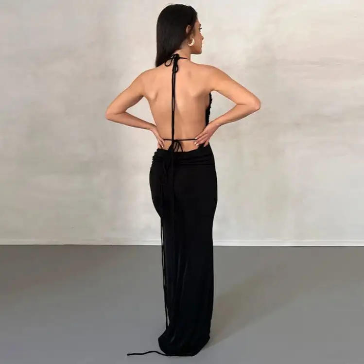 Evening dresses Fashion women's black metal chain strap sexy slip dress tight split length Evening dresses.