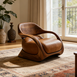 <span class=keywords><strong>Fauteuil</strong></span> <span class=keywords><strong>club</strong></span> en bois courbé nordique avec revêtement en <span class=keywords><strong>cuir</strong></span> marron, mobilier confortable pour appartement de luxe ou villa - Product Image 4