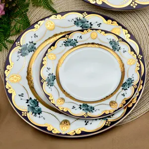 2pcs European Style 10.5 Inch Dinner Plate 7.5 Inch Flat Plate Luxury Embossed Gold Dishes Plate Set