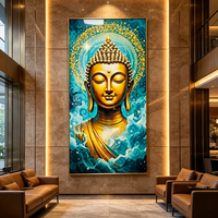 Peinture murale personnalisée en porcelaine à paillettes, tête de Bouddha dorée, nuage turquoise, impression religieuse zen, décoration intérieure, vente en gros