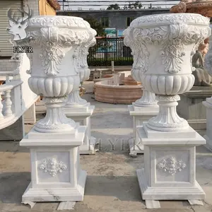 Customized Modern Outdoor Decoration Hand Carved Stone Large Size Marble Planter Flowerpot Garden Marble Flowerpot