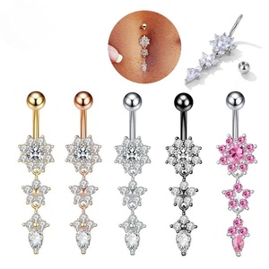 Rốn Vòng rhinestone hoa bụng nút Vòng dangle nút Barbell bụng Thanh cơ thể xuyên đồ trang sức thép không gỉ bụng vòng - Product Image 1