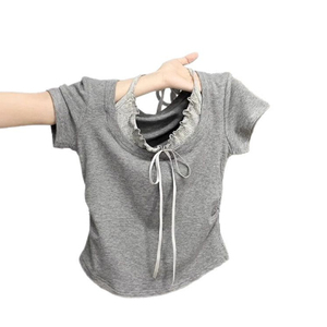 Top deportivo de dos piezas con lazo para mujer con cintura irregular Nueva Camiseta de manga corta de longitud corta para el verano Diseño de especias dulces picantes - Product Image 1