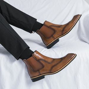 <strong>Men</strong> Wingtip <strong>Brogue</strong> Chelsea <strong>Boots</strong>, Pu Leather Upper, Rubber Outsole, Elastic Side Slip on Ankle Dress <strong>Boots</strong> for Gentlemen - Product Image 4