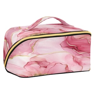 Pink Design Waterproof Toiletry Travel Custom Logo <b>Large</b> Capacity Polyester <b>Pillow</b> Women Cosmetic Makeup Bag with Golden Zipper - Product Image 1