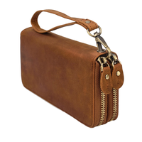 Dompet Pria Kulit Asli Trendy Geometris Anti RFID Lapisan Katun Mewah Vintage Bisnis Clutch Resleting Ganda Panjang 7 Inci